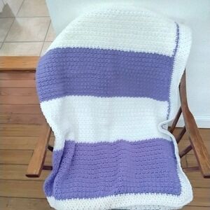 Crocheted Handmade Purple and White Striped Blanket Or Throw